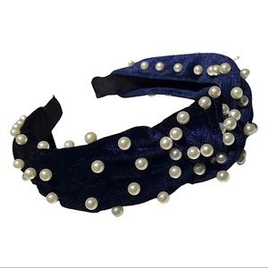 Blue Velvet Top Knot Pearl Headband